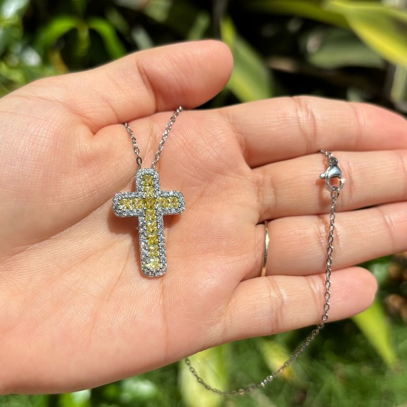 18K White Gold Plated Yellow Diamond Cross Necklace - Picture 4 of 5